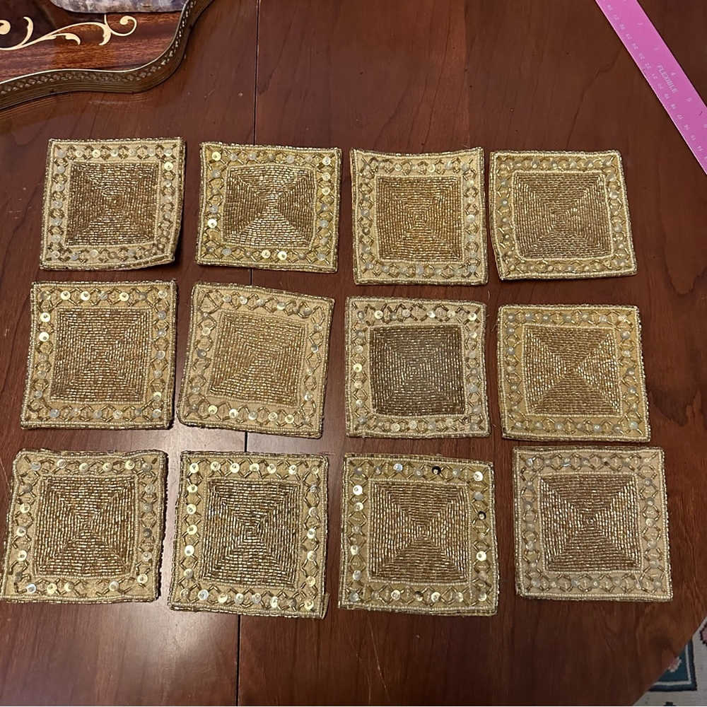 Vintage Gold Hand-Beaded Coasters from India - Set of 12